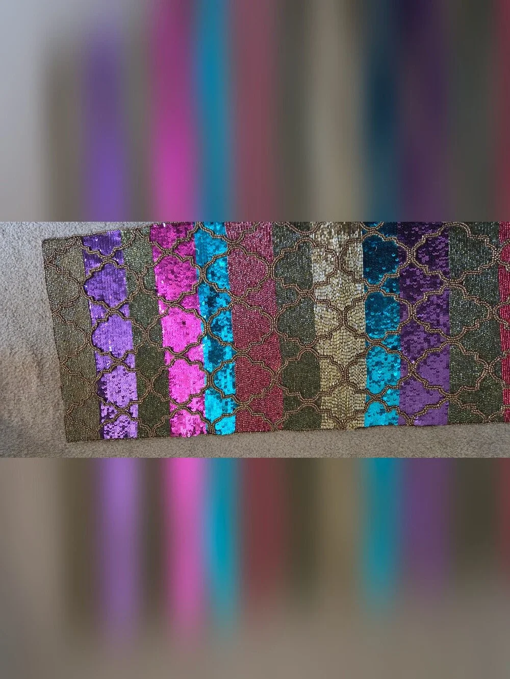 Vintage Pier 1 Imports Beaded & Sequined Table Runner 36X13 Vibrant Color block